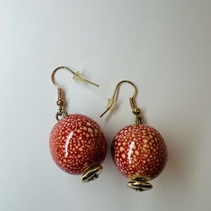 Vintage Red Speckled Bead Drop Earrings with Gold Tone Hooks